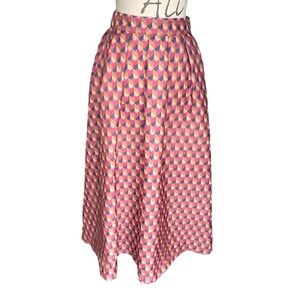 INA Pink/Black/Taupe Geo Pattern Iridescent A-Line Full Maxi Skirt (XS/S)